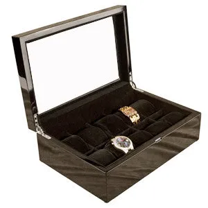 (10) Piano Black Wood Watch Box with Glass Top