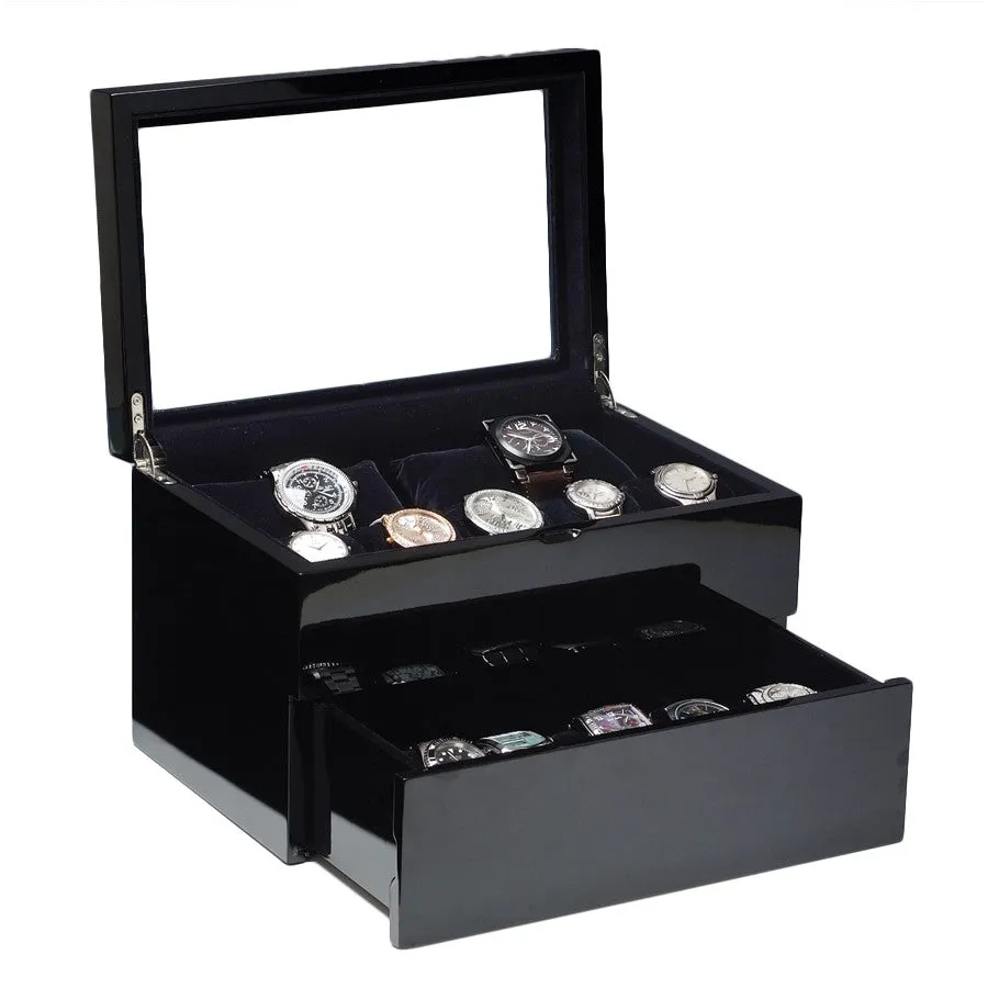 (17) Piano Black Wood Watch Box with Glass Top