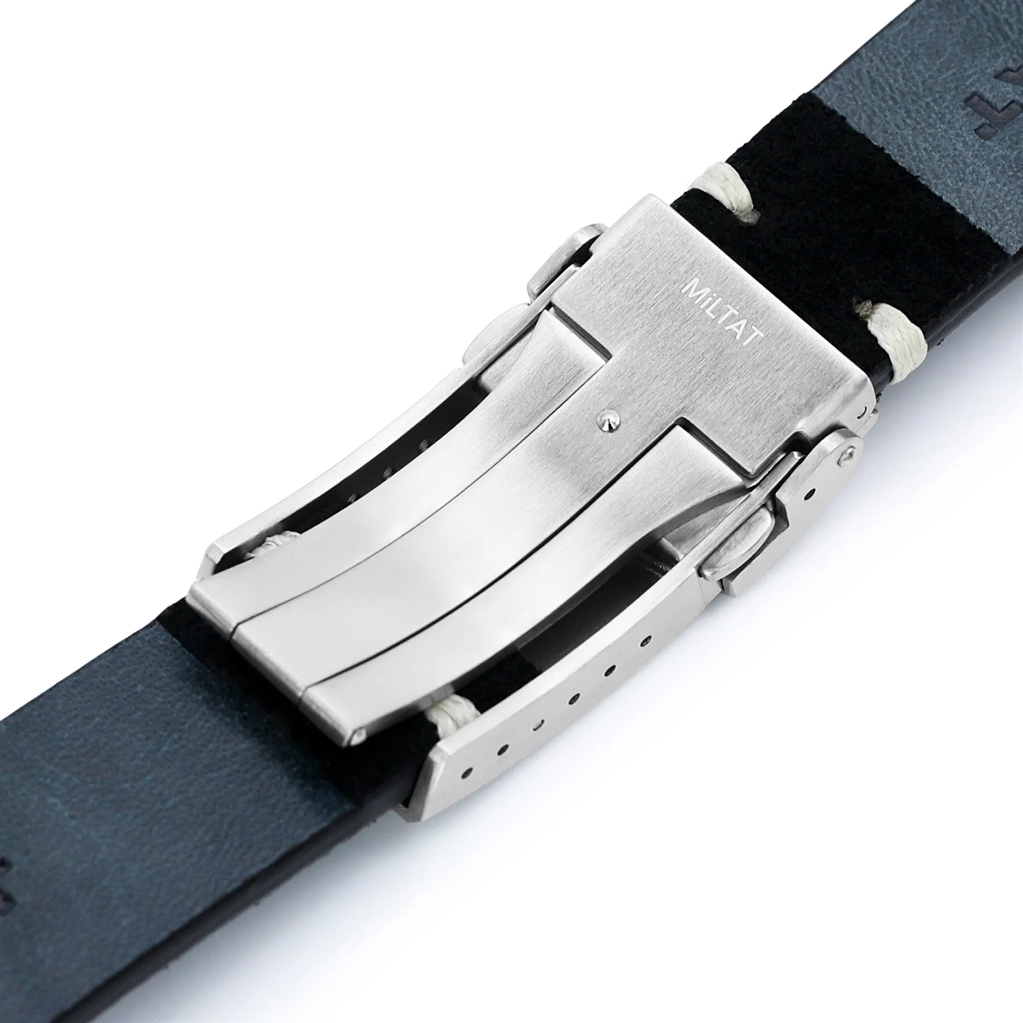 20mm or 22mm MiLTAT Black Genuine Leather One-piece Suede Quick Release Watch Strap, V-Clasp