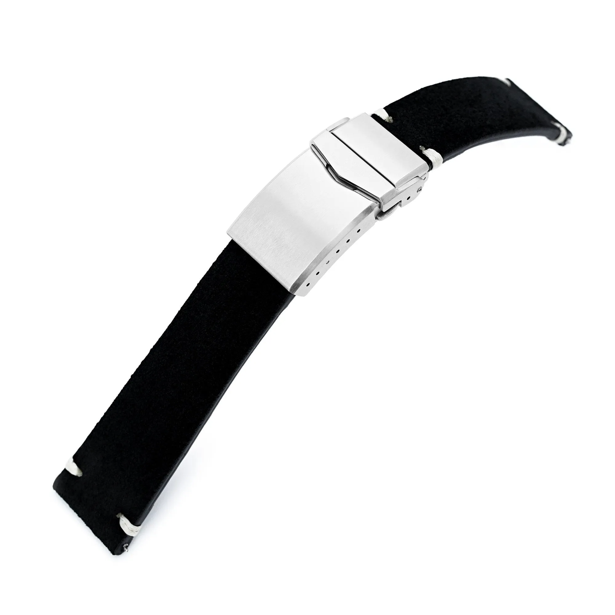 20mm or 22mm MiLTAT Black Genuine Leather One-piece Suede Quick Release Watch Strap, V-Clasp