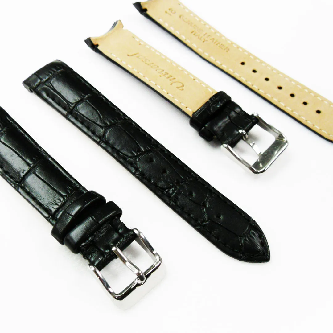 Alligator Curved Genuine Leather Watch Strap, 18MM, Black Color, Padded, Black Stitched, Regular Size, Silver Buckle, Watch Band Replacement