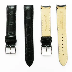 Alligator Curved Genuine Leather Watch Strap, 18MM, Black Color, Padded, Black Stitched, Regular Size, Silver Buckle, Watch Band Replacement