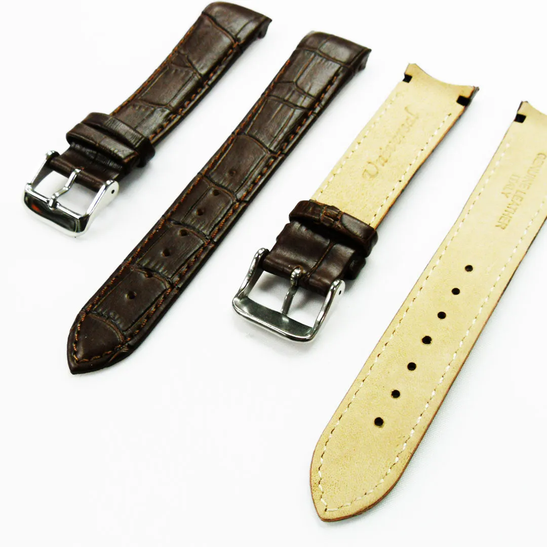 Alligator Curved Genuine Leather Watch Strap, 18MM, Black Color, Padded, Black Stitched, Regular Size, Silver Buckle, Watch Band Replacement