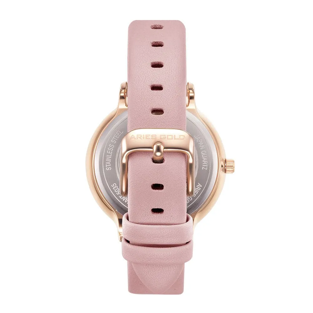 ARIES GOLD ENCHANT FLEUR ROSE GOLD STAINLESS STEEL L 5035A RG-PIFL PINK LEATHER STRAP WOMEN'S WATCH