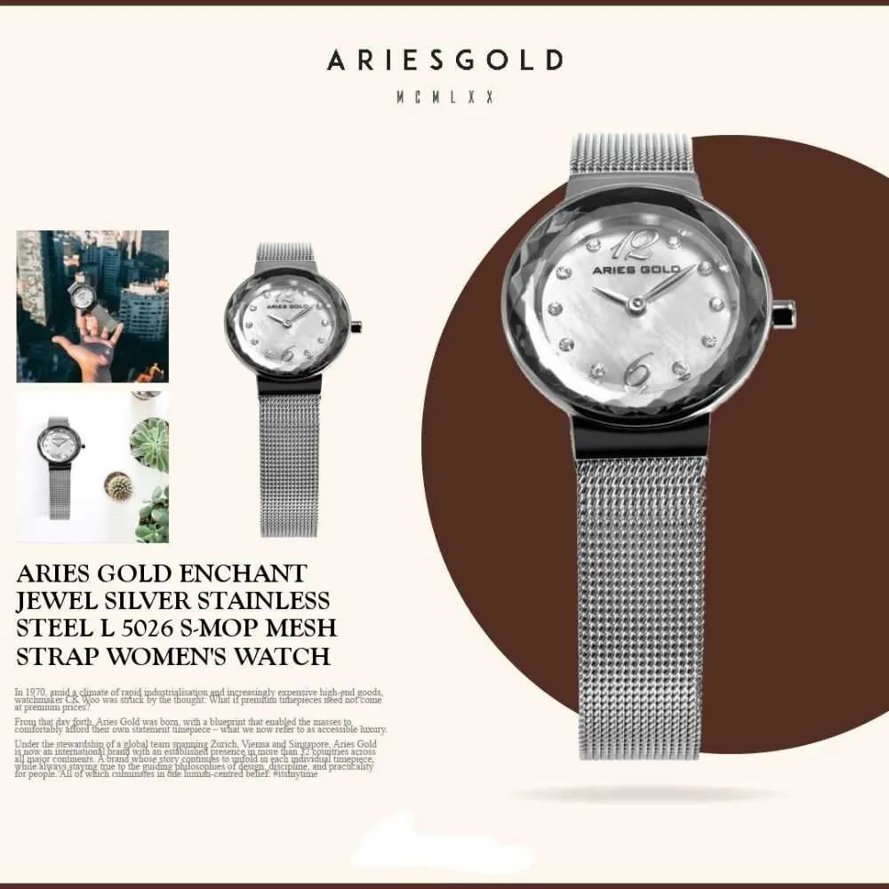 ARIES GOLD ENCHANT JEWEL SILVER STAINLESS STEEL L 5026 S-MOP MESH STRAP WOMEN'S WATCH