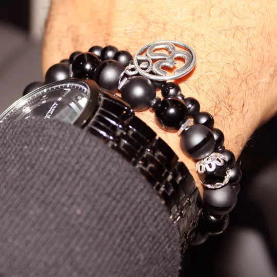 Black Onyx OM Bead Bracelet Set