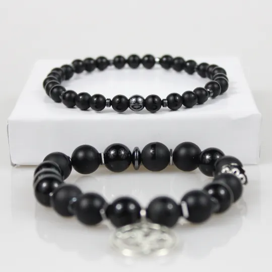 Black Onyx OM Bead Bracelet Set