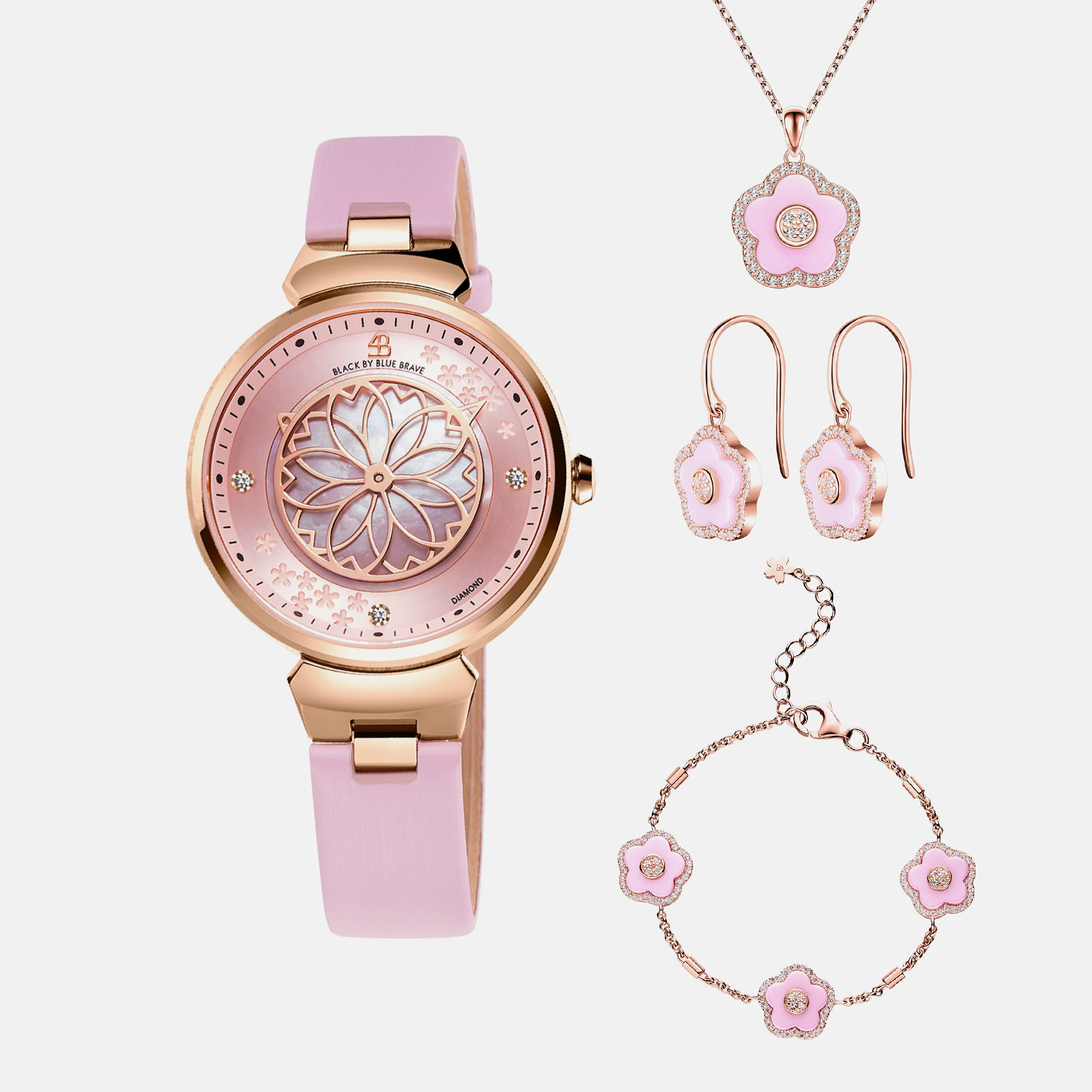 BLUE CHERRY BLOSSOM 36MM AUTOMATIC WATCH & FLOWER CERAMIC  JEWELLERIES（EARRINGS & BRACELET & NECKLACE）