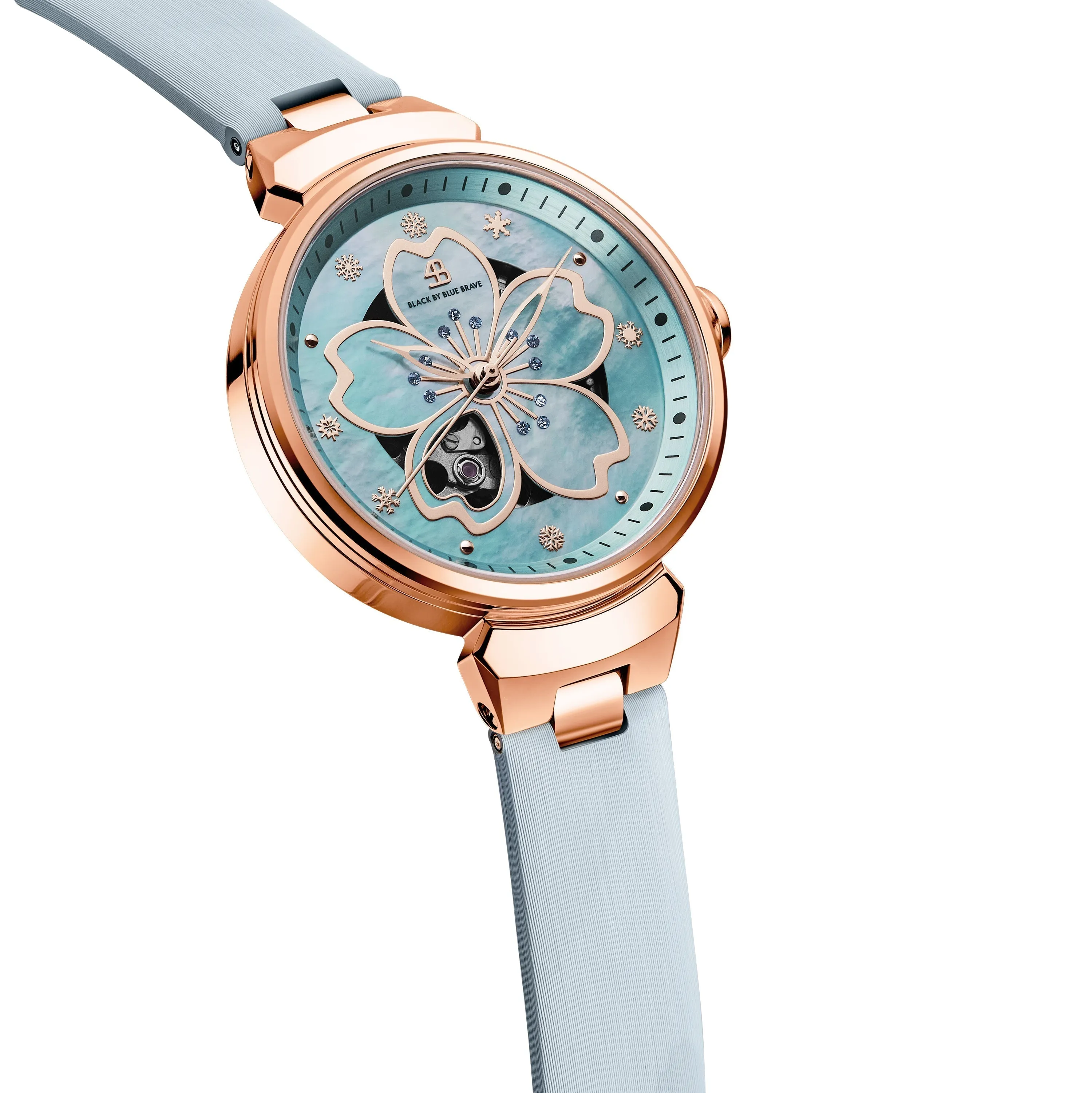 BLUE CHERRY BLOSSOM 36MM AUTOMATIC WATCH & FLOWER CERAMIC  JEWELLERIES（EARRINGS & BRACELET & NECKLACE）