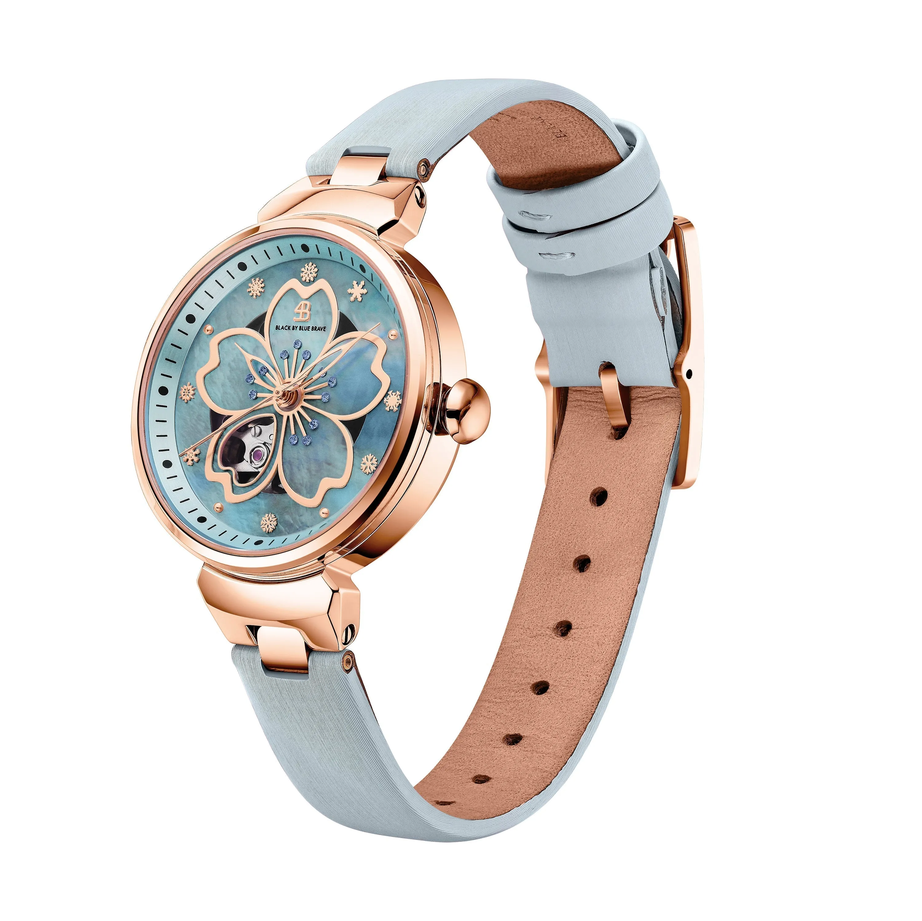 BLUE CHERRY BLOSSOM 36MM AUTOMATIC WATCH & FLOWER CERAMIC  JEWELLERIES（EARRINGS & BRACELET & NECKLACE）