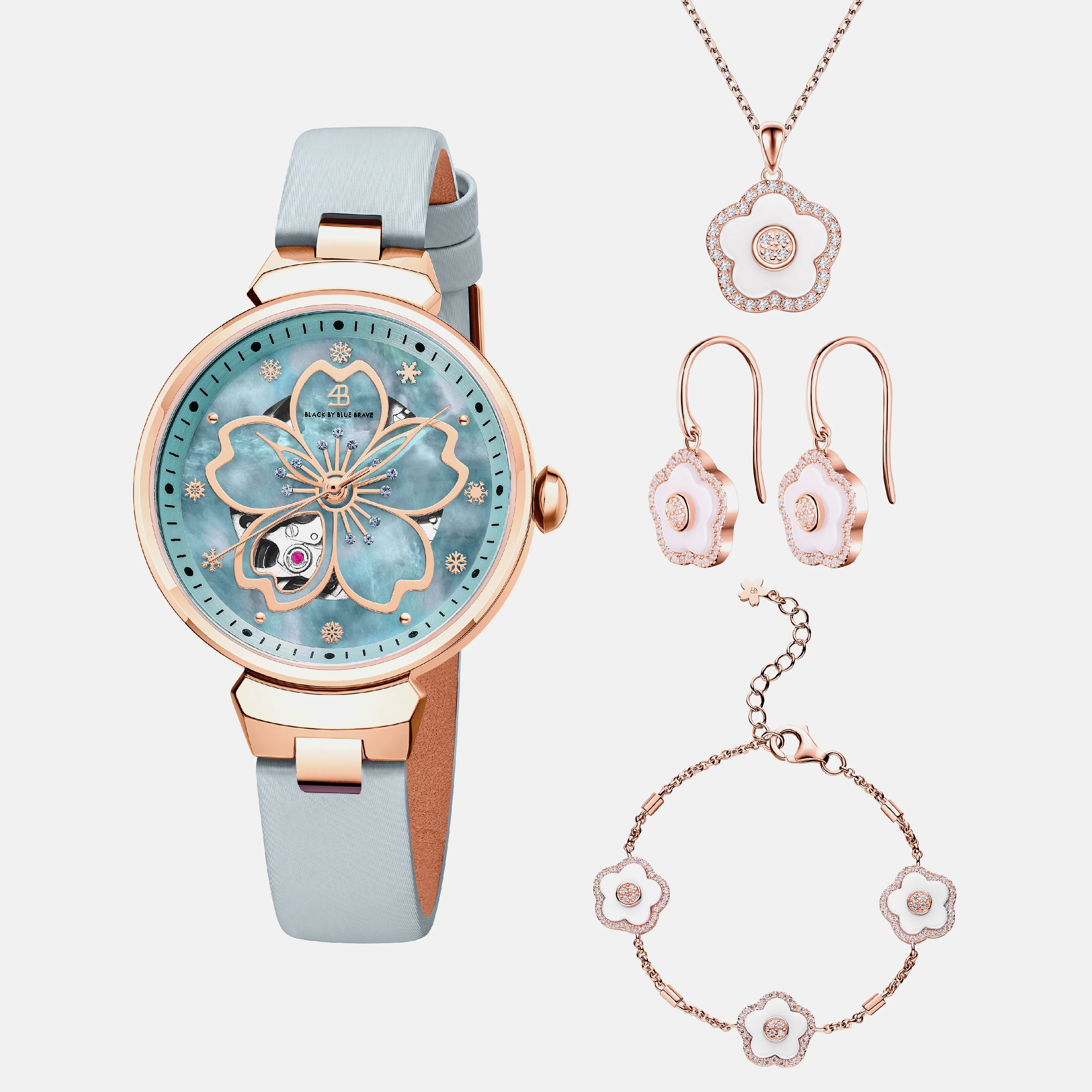 BLUE CHERRY BLOSSOM 36MM AUTOMATIC WATCH & FLOWER CERAMIC  JEWELLERIES（EARRINGS & BRACELET & NECKLACE）