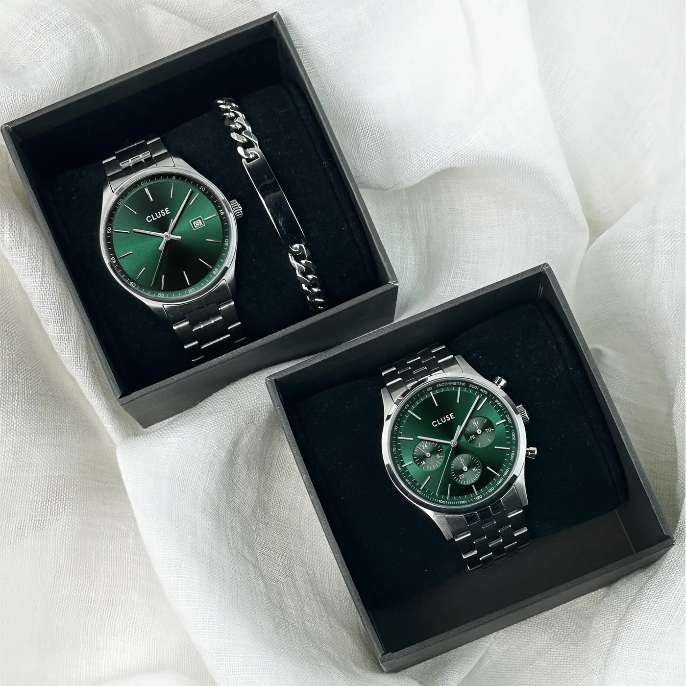 Gift Box Anthéor Steel Watch Green and Silver Chain Bracelet