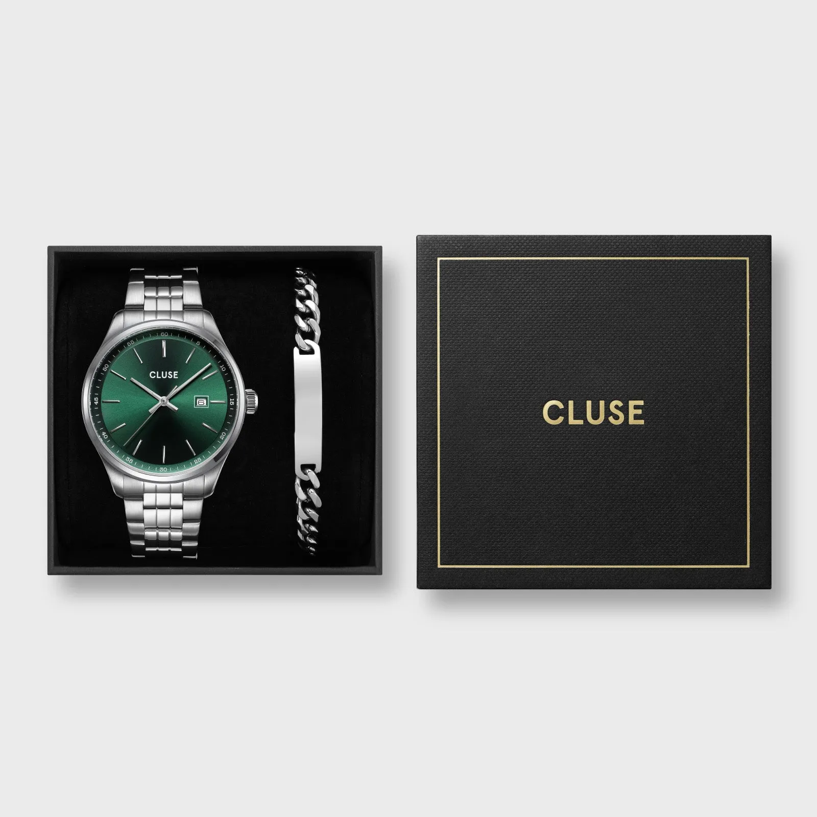 Gift Box Anthéor Steel Watch Green and Silver Chain Bracelet