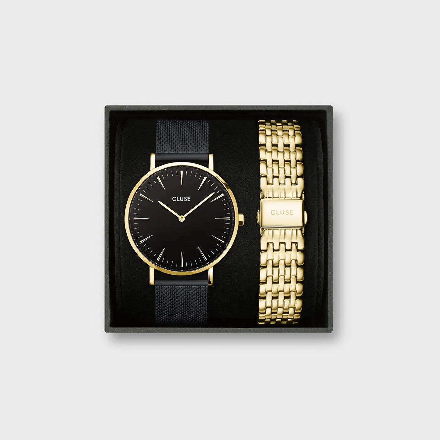 Gift Box Boho Chic Mesh Black and Steel Strap, Gold Colour