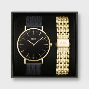 Gift Box Boho Chic Mesh Black and Steel Strap, Gold Colour