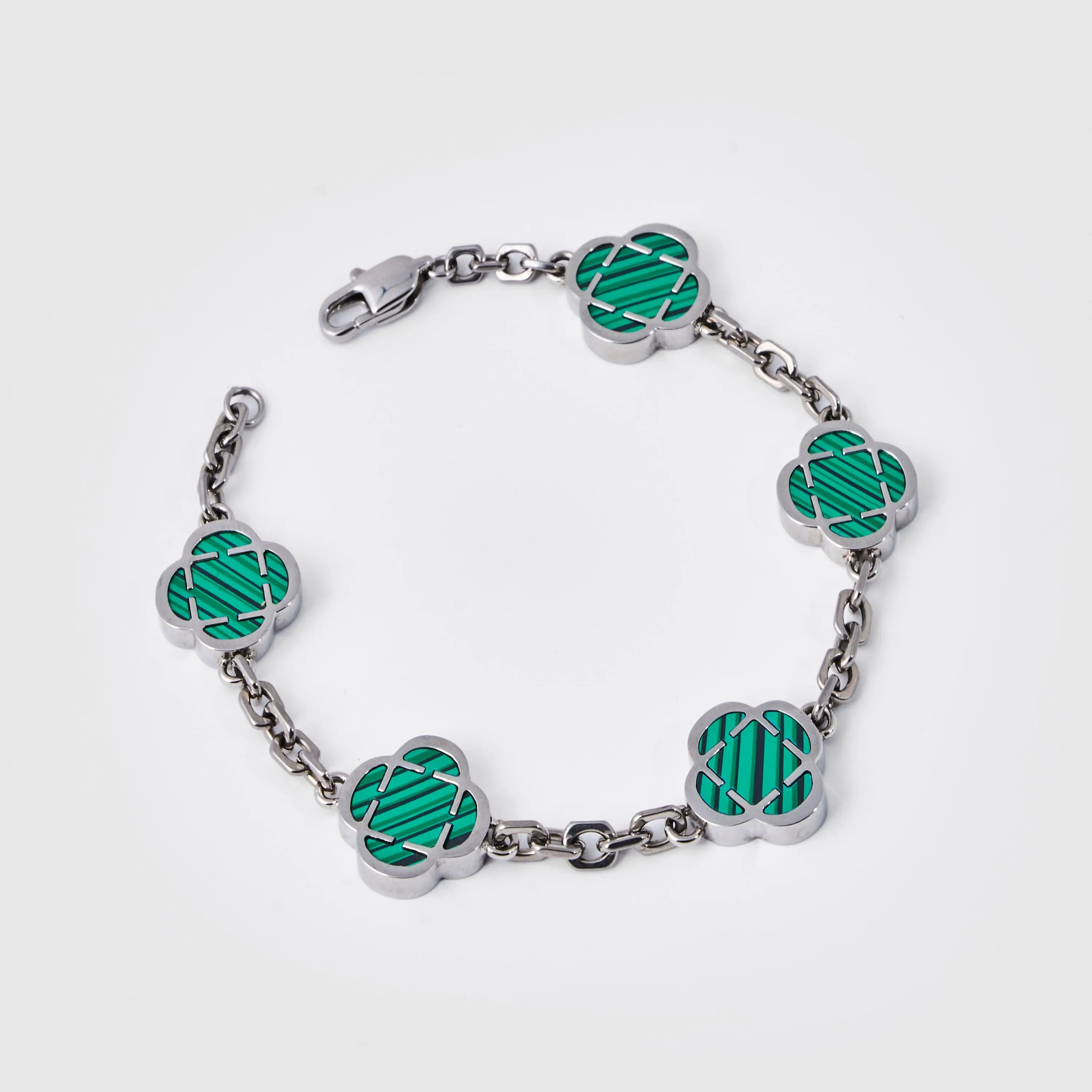 Malachite Clover Stone Bracelet (Silver)